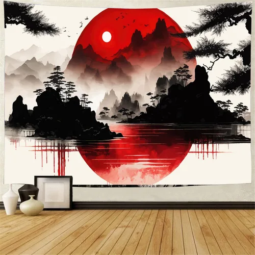 Vista 8 de FENDROM Naturaleza Paisaje Montaña Puesta de Sol Bosque Tapiz Árboles Anime Nube Niebla Lago Colgante de Pared Telón Estético Telón