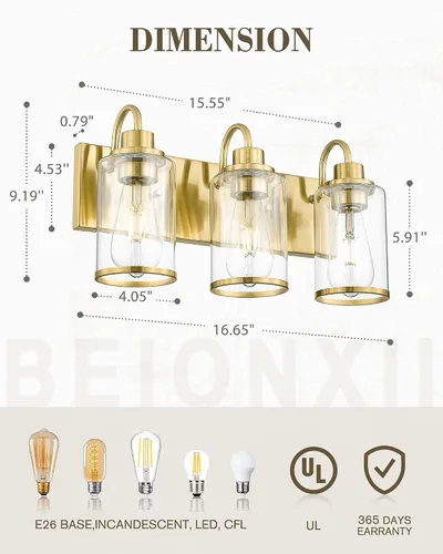 Vista 3 de Beionxii BX-VL01BG-3CG - Lámpara de tocador de baño, 3 lámparas doradas claras con pantalla de cristal transparente, accesorios de iluminación