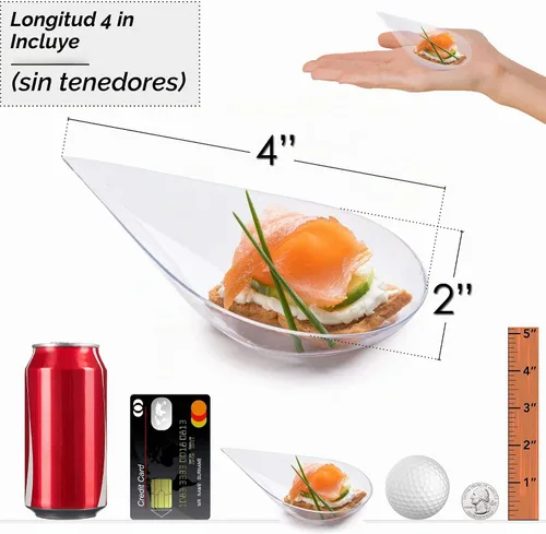 Vista 3 de DLux 100 mini platos para aperitivos en forma de lágrima de 4 pulgadas, cucharas de plástico transparente reutilizables - platos para postres