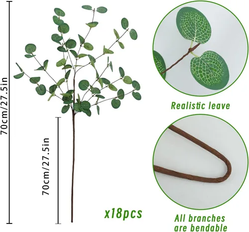 Vista 3 de Agusbagli 6 Piezas Hojas Artificiales de Eucalipto de 28'' de Alto Ramas de Hojas de Eucalipto Dólar de Plata Falsas Tallos de Vegetación Verde
