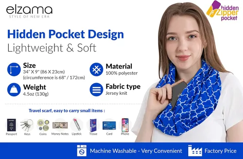 Vista 6 de elzama Infinity Loop Jersey Scarf with Hidden Zipper Pocket Printed Patterns for Women - Travel Wrap for Fall Winter