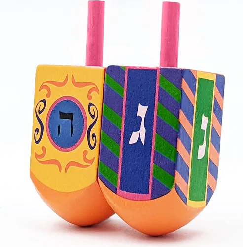 Vista 6 de The Dreidel Company Dreidels de madera pintados a mano extra grandes para Hanukkah, diseño de estrella azul y blanca, paquete de 2