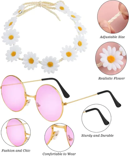 Vista 4 de CHRORINE Conjunto de disfraz de hippie, gafas de sol hippie, signo de paz para decoraciones de fiesta