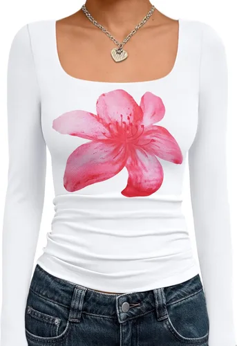 Vista 19 de Trendy Queen - Camisas ombligueras para mujer, manga larga, cuello cuadrado, básicas, para salir, de invierno, Y2K Albaricoque