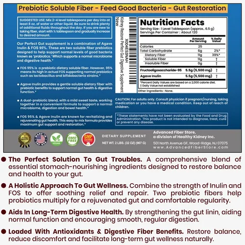 Vista 8 de Perfect Gut: Polvo de inulina FOS para la salud intestinal. Inulina prebiótica. Fibra de agave prebiótica única 95% FOS