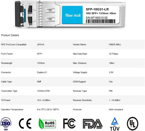 Vista 3 de SFP 10G LR para HPE ProCurve J9151A HPE Aruba J9151D J9151E J9151ECM Transceptores de Fibra Óptica 10GBASE-LR SFP+ 1310nm 10km Modo Único DOM
