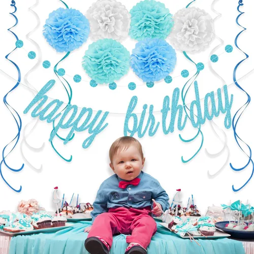 Vista 5 de KOKAR Decoraciones azules de feliz cumpleaños: pancarta azul de feliz cumpleaños, pompones de papel, remolinos colgantes y guirnalda de puntos