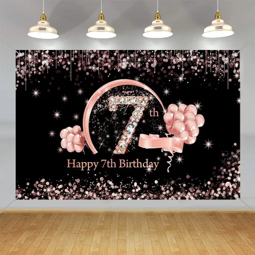 Vista 6 de Cartel de tela para decoración de cumpleaños número 7 para niñas, cartel de tela para fiesta de cumpleaños de niña de 7 años, fondo de foto negro