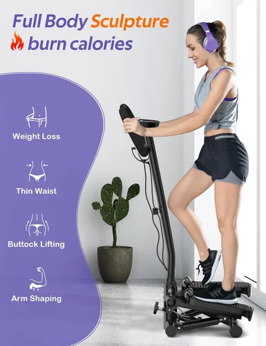 Vista 3 de Mini Stepper with Handlebar for Exercise, 330lbs Stair Climber Machine Hydraulic Fitness Stair Stepper with Resistance Band, Portable Workout