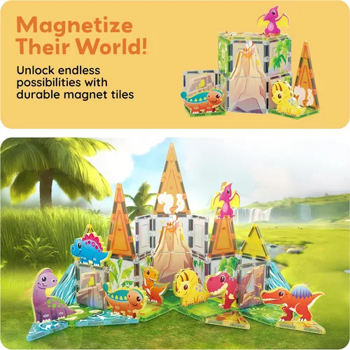 Vista 7 de PicassoTiles - Juego de 38 piezas de bloques de construcción con azulejos magnéticos, tema de dinosaurios, con 8 figuras de acción magnetizadas