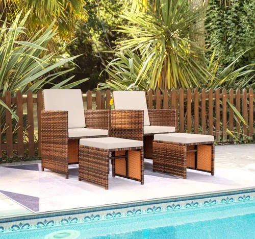 Vista 6 de Devoko Juego de 4 muebles de mimbre para patio, sillas de patio al aire libre con otomanas, sillas acolchadas para todo tipo de clima, muebles