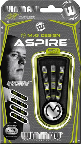 Vista 4 de WINMAU Michael Van Gerwen MvG Aspire - Juego de dardos con punta de acero de tungsteno con vuelos de prisma y ejes de nailon (tallos)