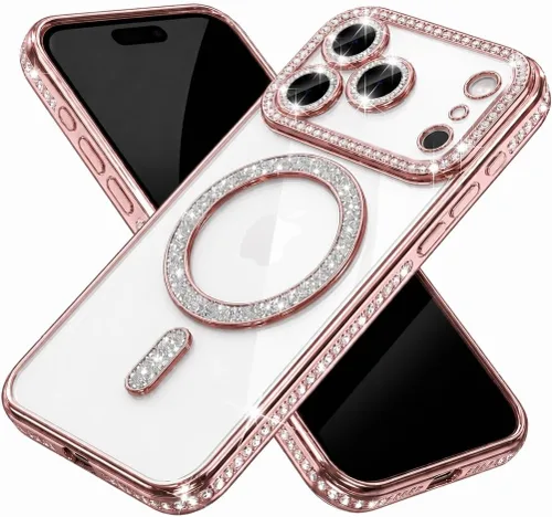 Vista 12 de Funda magnética con purpurina y diamante para iPhone 11 [Compatible con MagSafe] Protector de lente de cámara con brillo de strass, placa de cristal