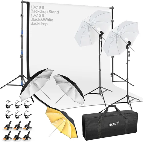 Vista 8 de EMART Kit de iluminación fotográfica con sistema de soporte de fondo de fotos de 8.5 x 10 pies y paraguas de fotografía, bombilla CFL de 5500 K 45