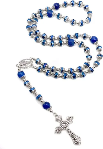 Vista 7 de Nazareth Store Collar de cuentas de cristal azul profundo rosario ágata azul gloria collar con cuentas de piedra milagrosa y cruz crucifijo