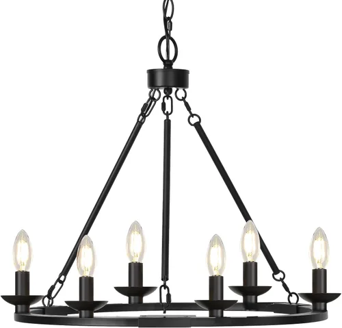 Vista 7 de Candelabro negro de granja, lámpara colgante de rueda de carro de 6 luces