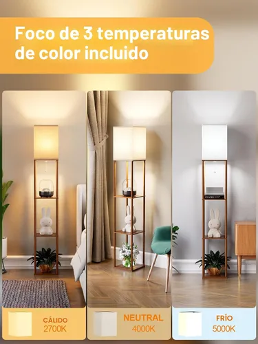 Vista 3 de Lámpara de pie con estantes para sala de estar color marrón nogal, lámpara de pie con estante con bombilla LED de 3 CCT, lámpara de columna de pie