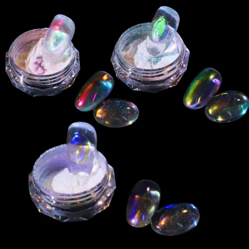 Vista 8 de 2 polvos de uñas de cromo perlado, aurora transparente hielo, pigmento iridiscente camaleón blanco para uñas, purpurina nacarada de alto brillo