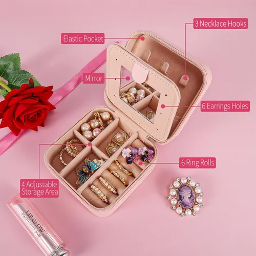 Vista 2 de Joyero de viaje, organizador de joyas pequeño, mini joyero con espejo, regalo perfecto para damas de honor para bodas, el mejor regalo para mujeres