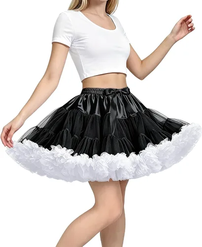 Vista 18 de Falda de Enagua de Gasa con Cintura Elástica para Mujer, Falda de Tul Tutú Esponjosa de Princesa para Ballet y Danza, Enaguas Falda Interior Negro1