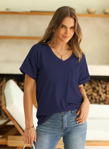 Vista 3 de Miholl Camiseta holgada, informal, de manga corta, con cuello en V, para mujer