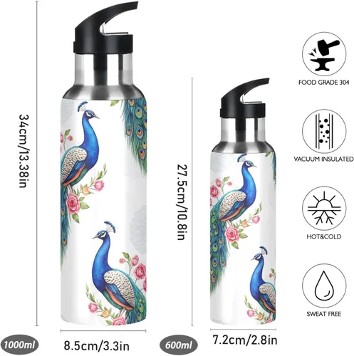Vista 2 de Stainless Steel Vacuum Insulated Water Bottle 20 Oz, BPA-Free Sport Water Bottle for Gym Outdoor Travel School, Peacocks Blue Green Feathers