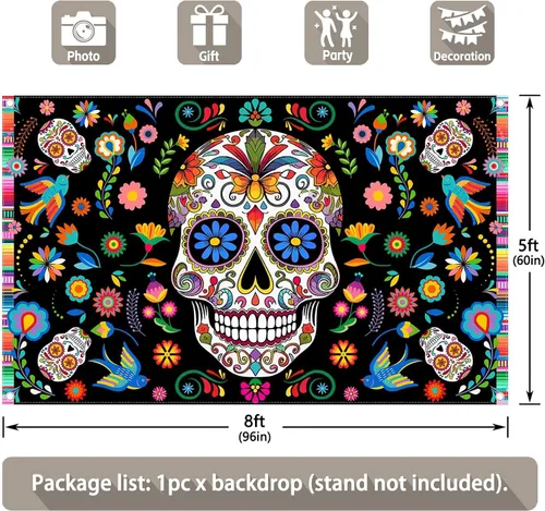 Vista 3 de Telón de fondo de tela para el Día de los Muertos, 96 x 60 pulgadas, fiesta mexicana, calavera de azúcar, flores, fondo de fotografía Dia DE Los