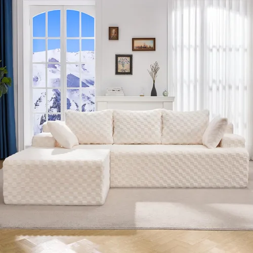 Vista 14 de Sofá modular en forma de L, de 3 asientos, espuma viscoelástica, para sala de estar, sofá estilo nube con diván, de gran tamaño, verde grisáceo