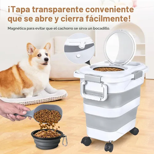 Vista 4 de Contenedor de almacenamiento de alimentos para perros, 10 a 20 libras, hermético, plegable, con ruedas acoplables, asa portátil, cuchara de comida