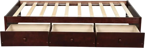 Vista 6 de Merax Marco de cama de madera con 3 cajones, cama de día individual Storge con soporte de listones de madera, ahorro de espacio, cereza