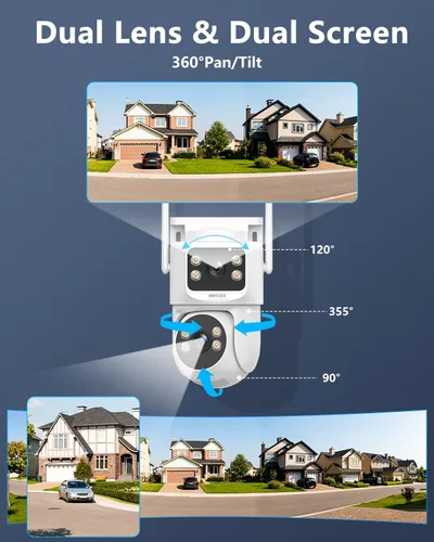 Vista 3 de Sistema de cámara de seguridad WiFi de doble lente de 4 MP, visión amplia de 130° + seguimiento automático PTZ, banda dual de 2.4G/5.8G, cámara