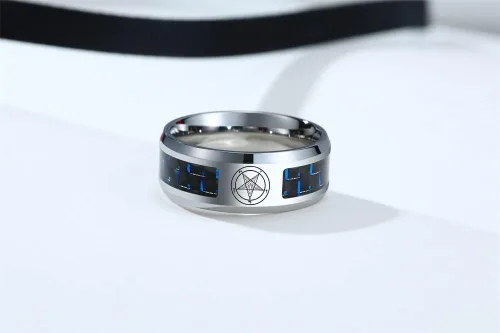 Vista 6 de Iglesia de Satanás Joyería Leviatán Cruz Satánica Símbolo Anillo Acero Inoxidable Fibra de Carbono Incrustación Banda para Hombres
