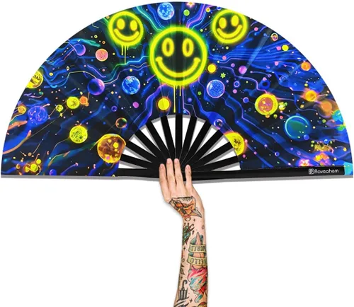 Vista 18 de Abanico Plegable Grande, Abanico Rave Clack de 13 Pulgadas, Abanico de Mano para Mujeres y Hombres con Tela de Satén Premium, Marco de Bambú Grueso