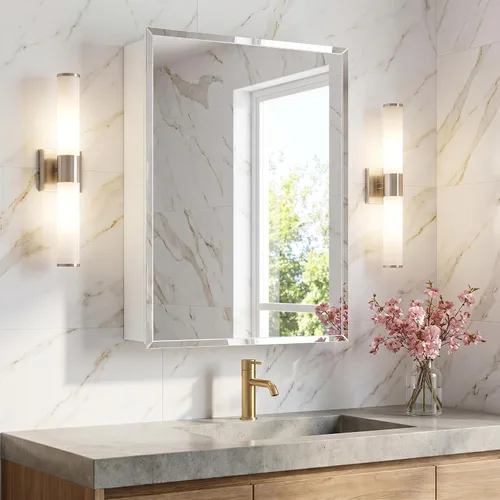 Vista 9 de Botiquín de baño de 16 x 26 pulgadas con espejo, espejo biselado rectangular sin marco, instalación de empotrar o montaje en superficie