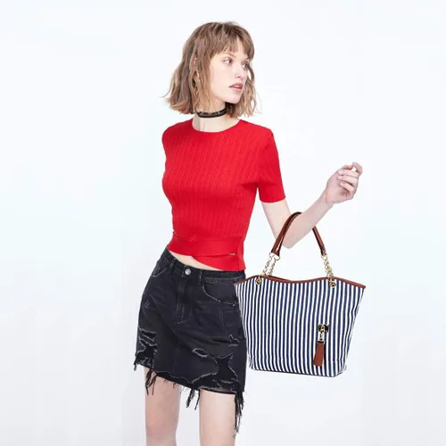 Vista 5 de Bolso de lona para mujer con borlas y rayas, bolso de hombro de gran capacidad