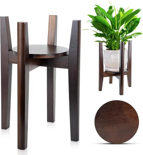 Vista 11 de Soporte ajustable para plantas con bandeja, soporte de madera para plantas de interior para macetas de 8 a 12 pulgadas, moderno soporte para macetas
