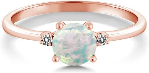Vista 3 de Gem Stone King Juego de anillos solitarios de compromiso de oro rosa de 10 quilates con cabujón redondo de 0.33 quilates, ópalo blanco simulado