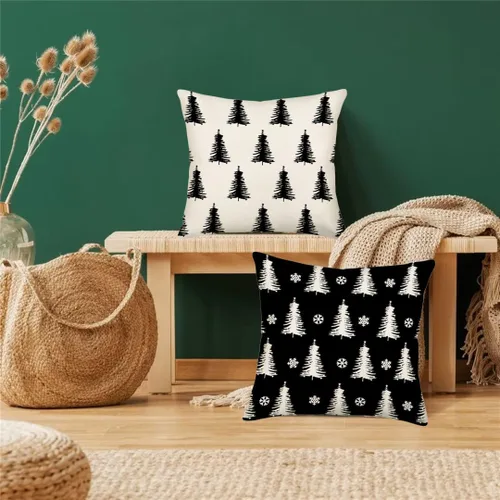 Vista 2 de Fundas de almohada decorativas para árbol de Navidad en blanco y negro de 16 x 16 pulgadas, juego de 2 fundas de almohada con diseño de árboles
