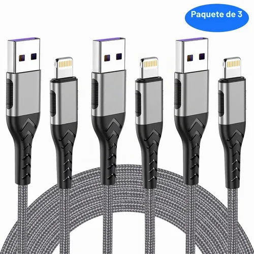 Vista 2 de Cargador de iPhone, [certificado Apple MFi] Paquete de 3 cables USB A de 1 pie para cable de carga rápida, cable de carga duradero de iPhone Plateado
