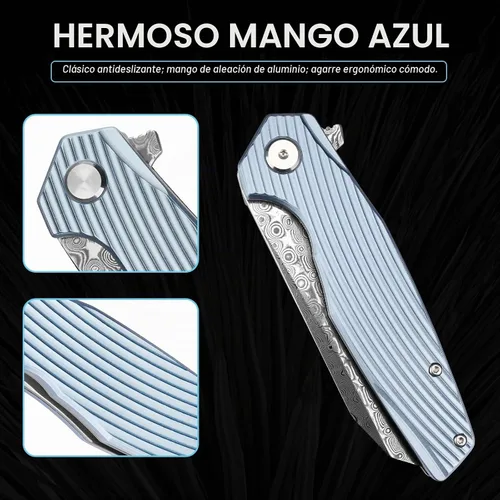 Vista 3 de Zingbee Cuchillo de bolsillo de Damasco de 3.46 pulgadas con clip, mango antideslizante azul DMXQ 1-azul