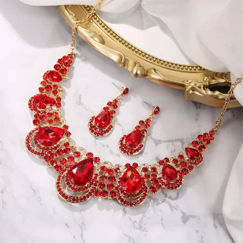 Vista 5 de BriLove Conjunto de collar y aretes colgantes para mujer, diseño de lágrima de cristal