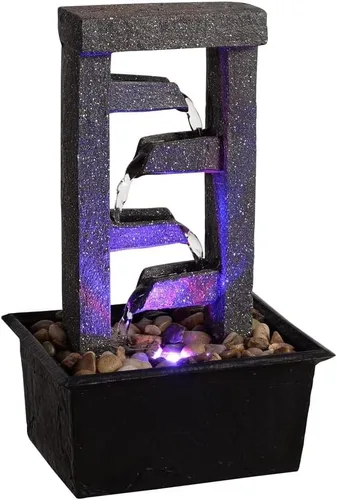 Vista 7 de GOSSI Fuente de cascada de mesa de 4 niveles de 10 pulgadas con rocas naturales de río, luces LED, función de agua interior de resina