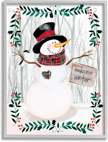 Vista 9 de Stupell Industries Felicitación de bienvenida de invierno con diseño floral de muñeco de nieve, bosque, acebo, diseñado por Jennifer Paxton Parker