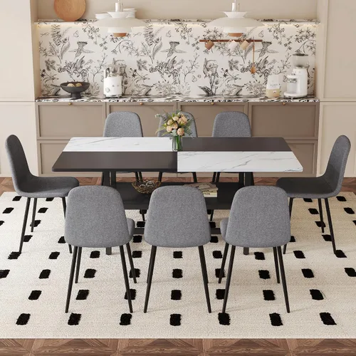 Vista 25 de Juego de mesa de comedor de 71 pulgadas para 6 personas con estante de almacenamiento, juego de mesa de comedor rectangular industrial moderna