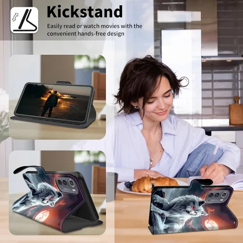 Vista 3 de Funda para Motorola Edge 2022 con protector de pantalla, soporte y tarjetero y correa para la muñeca, funda magnética para Moto Edge 2022 5G UW Lobo