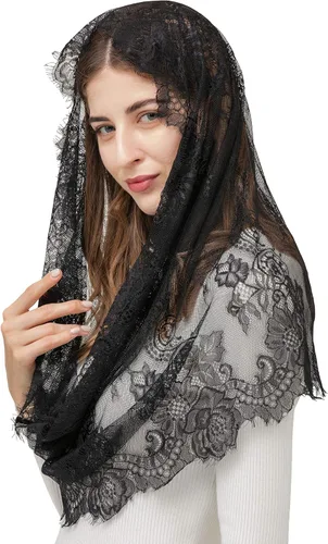 Vista 2 de PAMOR Estilo Español Encaje Tradicional Vintage Inspirado Infinito Forma Mantilla Velo Latino Masa Cabeza Cubierta