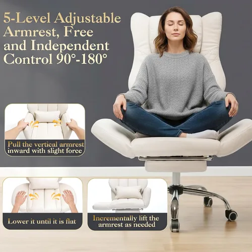 Vista 3 de Silla de oficina ejecutiva de respaldo alto con reposapiés, piel sintética reclinable, soporte lumbar, estilo entrecruzado, reclinación de 155° Beige