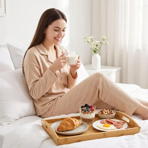 Vista 6 de Peohud Paquete de 4 bandejas de bambú para servir con asas, bandeja rectangular de comida de cocina para comer, bandejas de cena para comer