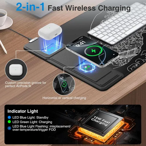 Vista 2 de Wireless Charging Mouse Pad with Foldable Phone Holder, 31.5"x15.8" Large Desk Mat for Laptop/Keyboard, Waterproof Ultra-Smooth Surface, Non-Slip