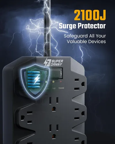 Vista 4 de SUPERDANNY - Regleta protectora de sobretensiones, 18 salidas de CA con 4 puertos USB, 1875W/15A, 2100J, cable de extensión de enchufe plano Negro